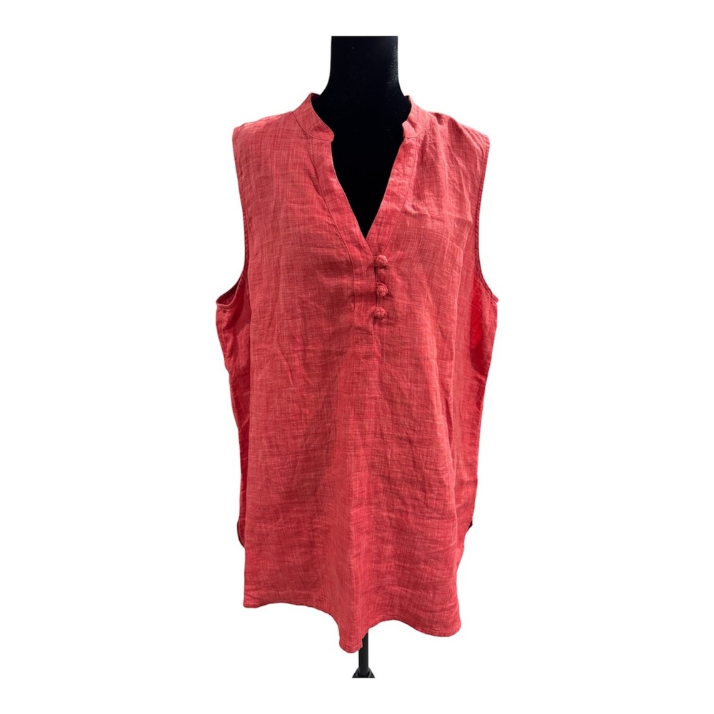 J. Jill Womens XL Red 100% Linen Sleeveless Tunic Split Neck Knot Button Blouse‎